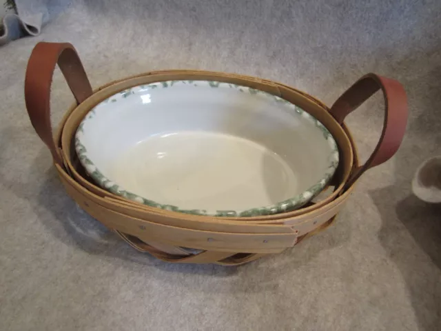 Roseville Green Spongeware Oval Server in Signed Basket with Leather Handles