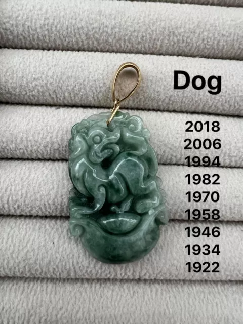 100% Authentic Burmese Jade Pendant Chinese Zodiac Sign Carved Jade Green 18K YG