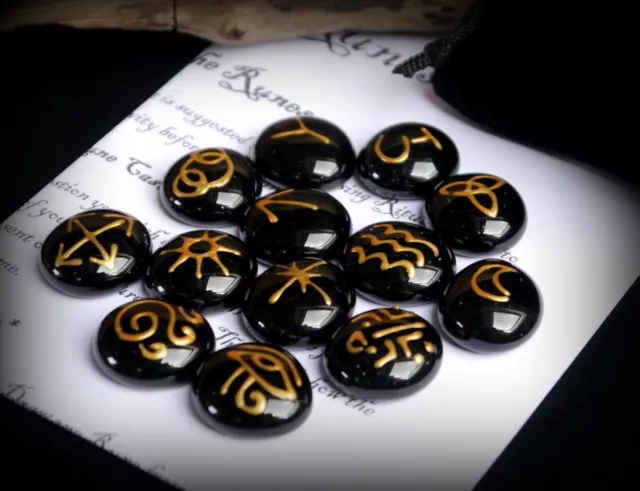 13 WITCHES RUNES & BAG Black and Gold Witch Wicca Pagan Divination Gift