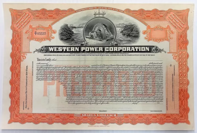 AOP United States Western Power Corporation share certificate unused