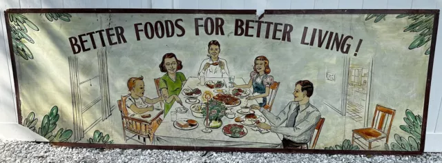 Vintage Masonite Family Dinner Sign “Better Foods For Better Living” 1940’s