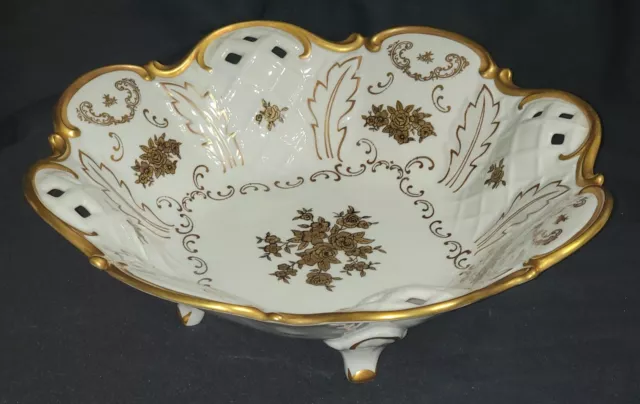 VINTAGE REICHENBACH GERMANY FOOTED CENTERPIECE/FRUIT PORCELAIN BOWL 22k GOLD TRI