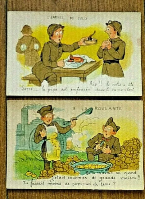 2 CPA Caserne Militaire humoristique. L'arrivée du colis et A la roulante