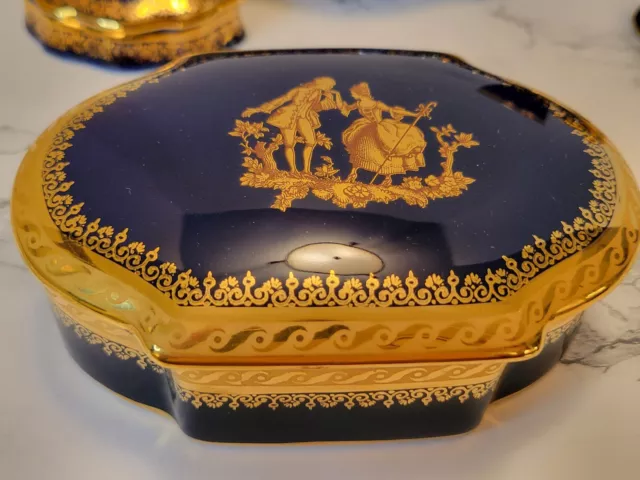 Vntg Limoges Vanity Collection 22k Gold & Cobalt Trinket Boxes Bowl Glass Ewer 3