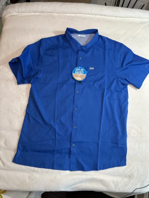 Mens Columbia PFG Lg Collar Blue Omni Shade Short Sleeve Button Up Fishing Shirt