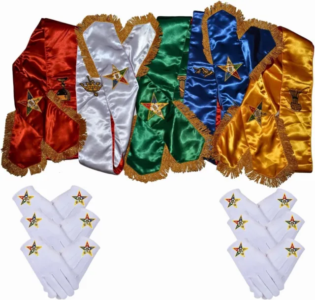 Masonic Order Eastern Star Oes Sash Five Color Set 5 Regalia Sashes - 6x Gloves