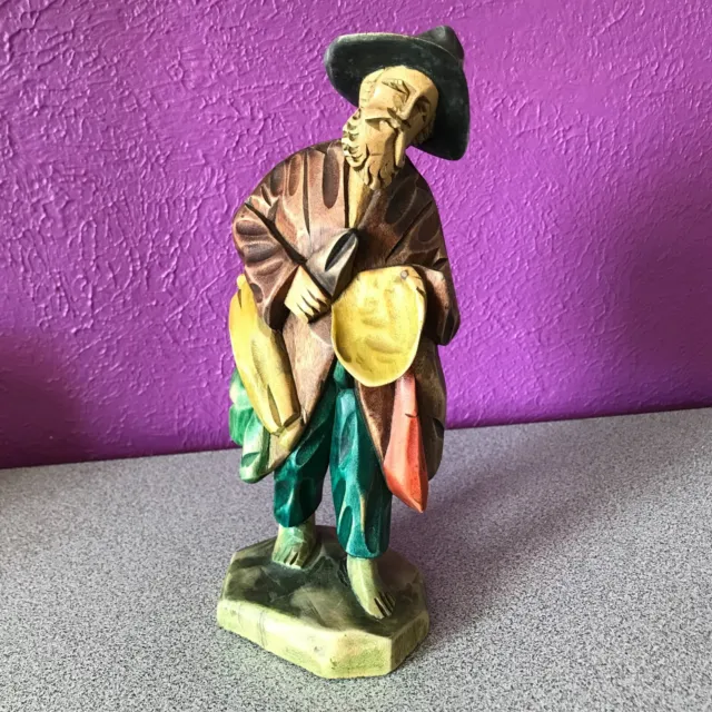Vintage Hand Carved and Painted Traveler Figure Folk Art Made in Ecuador 9"
