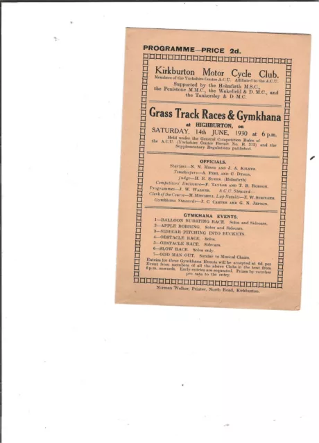 Kirkburton Motor Cycle Club Grass Track Races & Gymkhana @ Highburton 14/6/1930