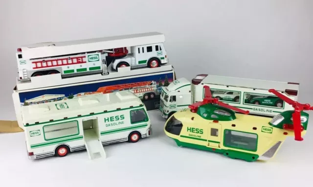 Vintage Hess Gasoline Toy Lot Fire Truck Helicopter Car Hauler