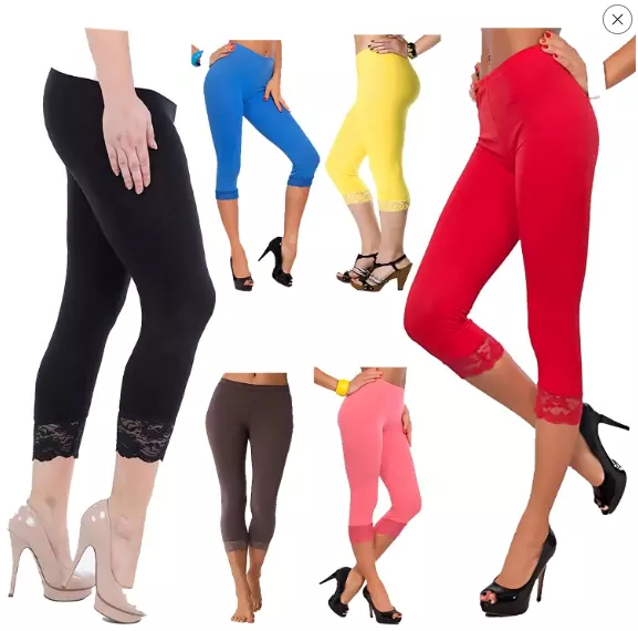 Women's Ladies 3/4 Cropped Lace Leggings Comfy Ladies Casual Pants Plus Sizes Uk