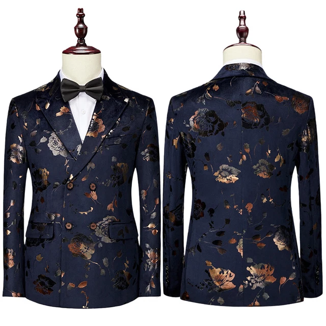 Uomo Lamina Stampa Fiore Abito Giacche Giacca Doppio Petto Cena Cappotto Chic