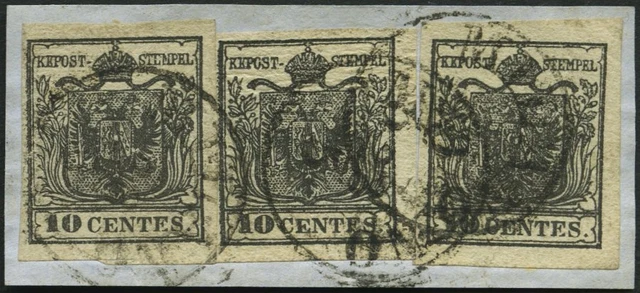 LOMBARDEI UND VENETIEN 2Xa BrfStk, 1850, 10 C. schwarz, Handpapier, Type Ib, Ia