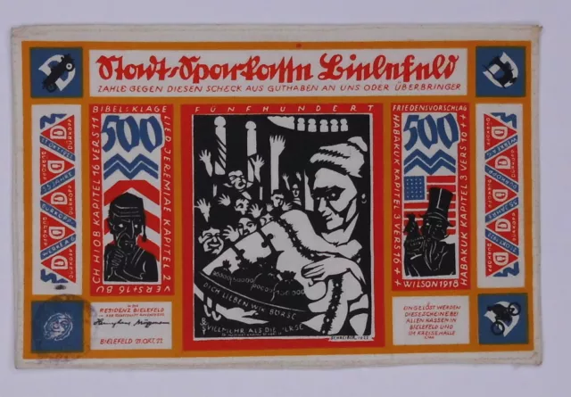 Notgeld Stadt Bielefeld Seide 500 Mark vom 21.10.1922  kassenfrisch  #GS025