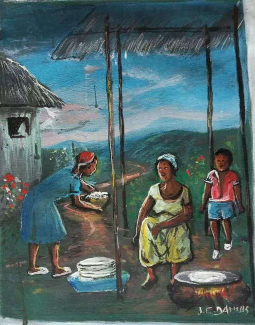 Original Haitian Folkart Painting By Jean Claude Damas "Family" 10"08" Haiti