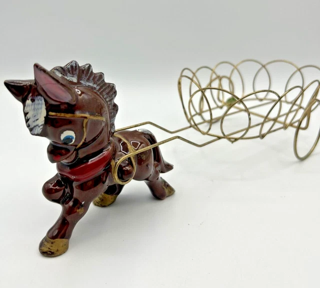 VINTAGE REDWARE DONKEY with Wire Brass Cart Japan Hand Painted 1940's