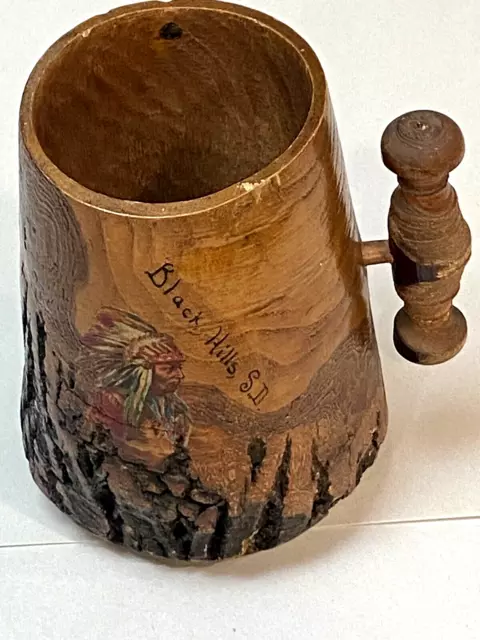 Vintage Bark On Wood Souvenir Mug With Fine Indian Chief Decal Black Hills S D