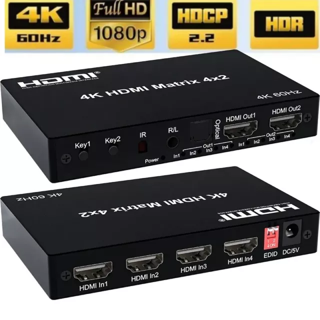 HDMI 2.0 Matrix 4X2 with Audio 4K 60Hz HDR Switch Splitter for XBox PS5 Laptop