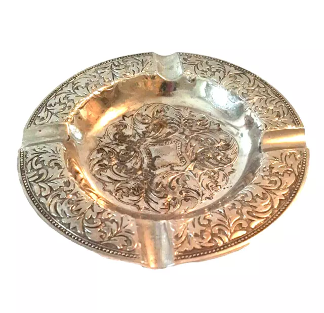 Silver Plate Ashtray Ornate Detailed Tarnished Vintage