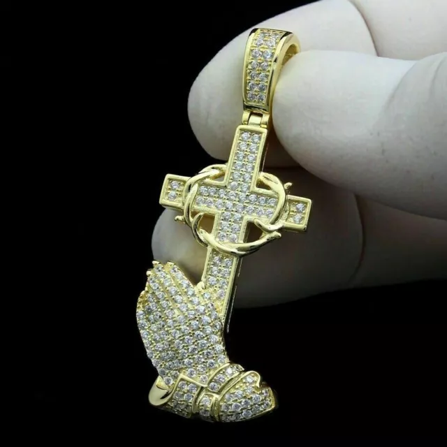 1Ct Round Cut Simulated Diamond Cross Praying Hands Pendant 14k Yellow Gold FN