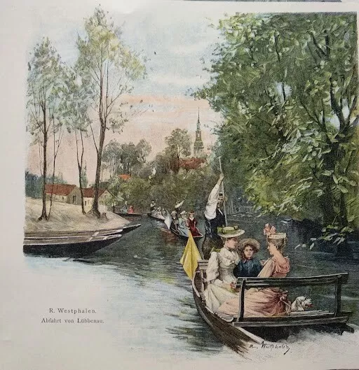 Farb-Holzstich Abfahrt von Lübbenau Bootsfahrt Gondel Westphalen Fluss  ca 1890