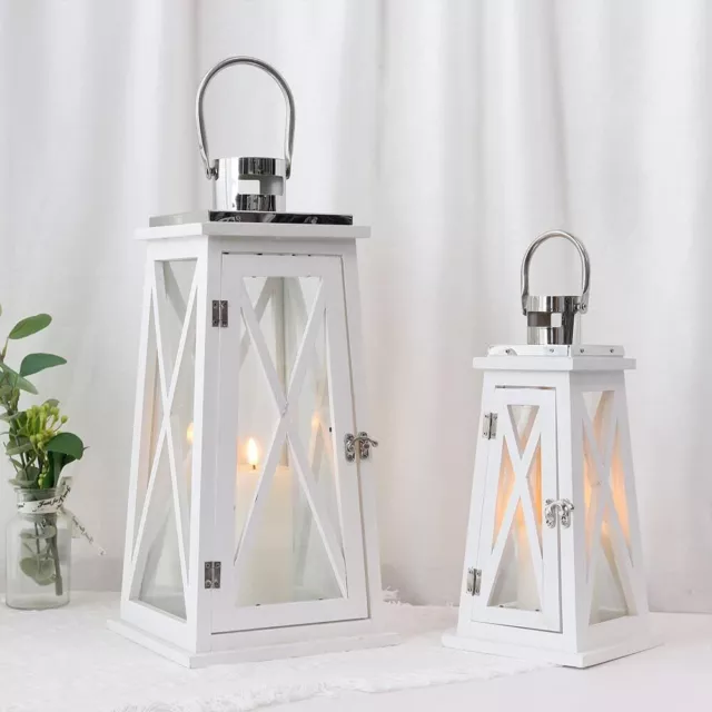 TRIROCKS Set of 2 Farmhouse Wooden Lantern Metal Candle Holders Clear Glass