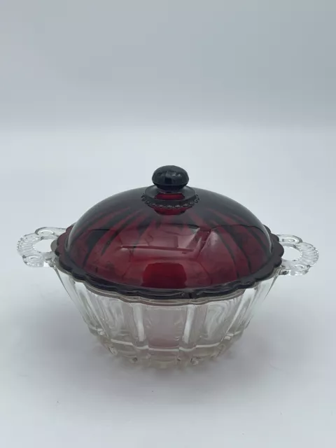 Candy Jar Vintage Glass Anchor Hocking Old Cafe Depression Clear w/ Ruby Red Lid