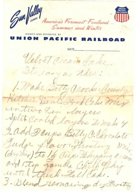 Sun Valley Idaho Union Pacific Railroad Note w Velvet Cream Cake Recipe Train