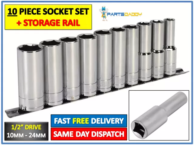 10pc 1/2" Drive Socket Set Deep 10-24mm Metric Sockets & Rail Crv Long Reach 4-7