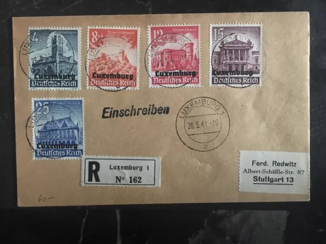 1941 Luxembourg Germany Registered Cover to Stuttgart