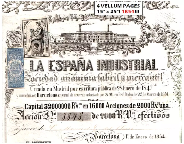 HUGE 1847 INDUSTRIES OF SPAIN 2000 REALES BOND 4 Full Panels/Rare Stamps CV $100