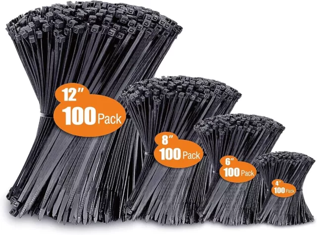 Zip Ties Assorted Sizes(4”+6”+8”+12”), 400 Pack, Black Cable Ties, UV Resistant