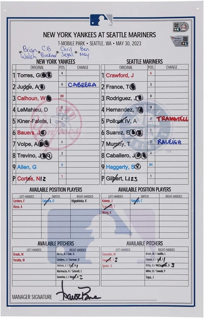 New York Yankees Game-Used Lineup Card vs. Seattle Mariners on May 30, 2023