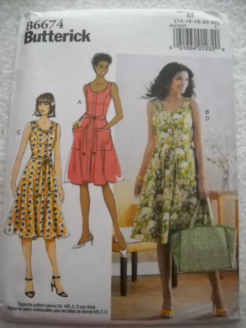 Dress w/ Button Front  Bag Sash Misses Size 14-22 Butterick 6674 Sewing Pattern