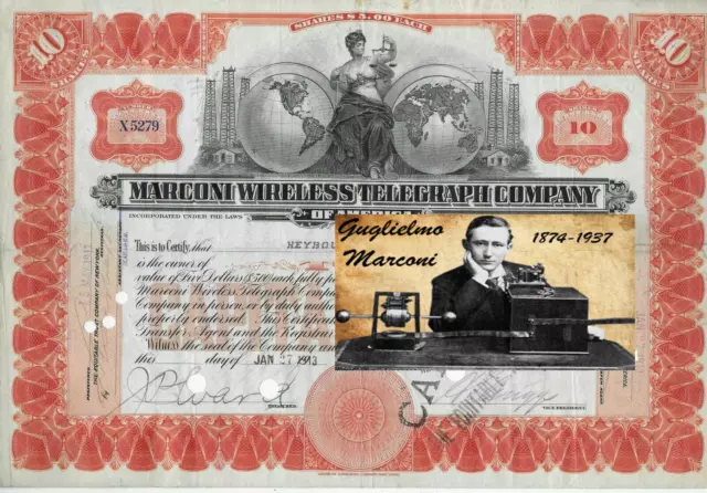 1913 LA SOCIETA' DI GUGLIELMO MARCONI #AZIONE ORIGINALE STORICA E ASSAI RARA A e