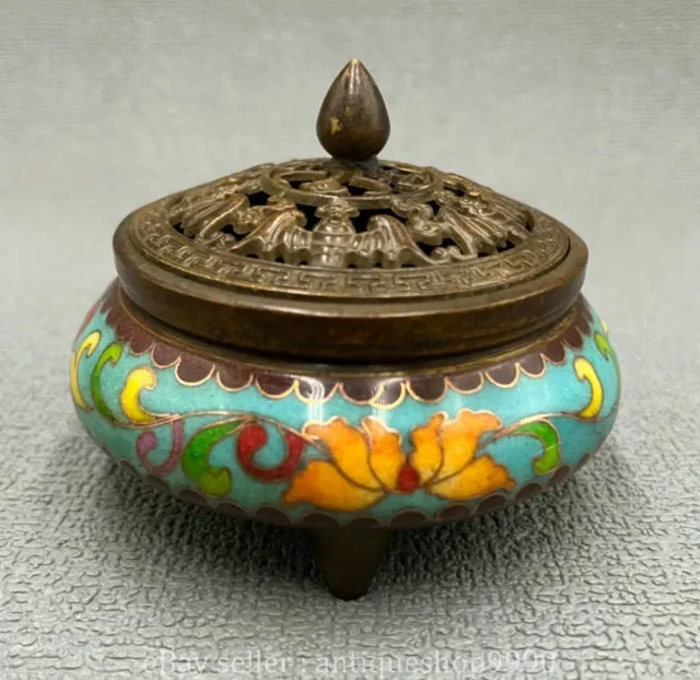 3.2" Xuande Marked Chinese Copper Cloisonne Blue Flower Dragon Incense Censer