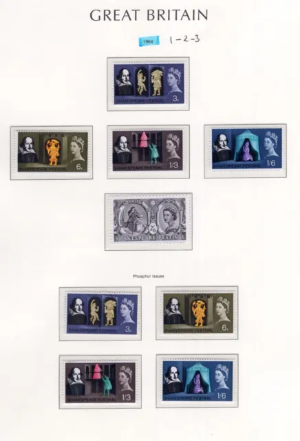 GB QEII 1964 complete year group commemoratives MNH Phos/Ord 8 sets on pages
