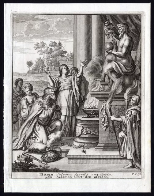 Antique Bible Print-V.T.50-SOLOMON-ASHTORETH-IDOL-WOMEN-Halma-Scheits-1710