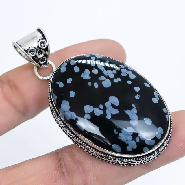 Flocon de Neige Obsidienne Pierre Précieuse Main Ethnique Argent Bijou Pendentif