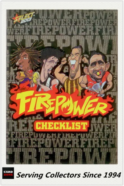 2013 AFL Champions Laserfoil Firepower Caricature FC1 Firepower Checklist Card