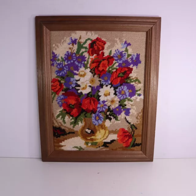 Vintage 80s Tapestry Needlepoint Floral Framed Artwork by Kathe Wandrach 13"x16"