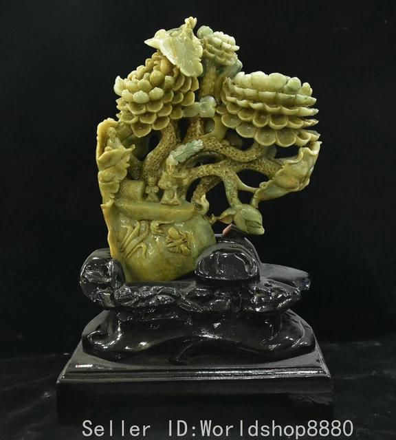 12.4" Chinese hetian jade natural emerald carving lotus flower Old human statue