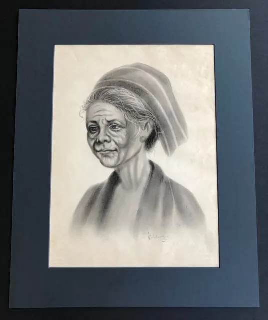 Vintage South Asian / Vietnamese Original Charcoal Drawing On Paper With Signed