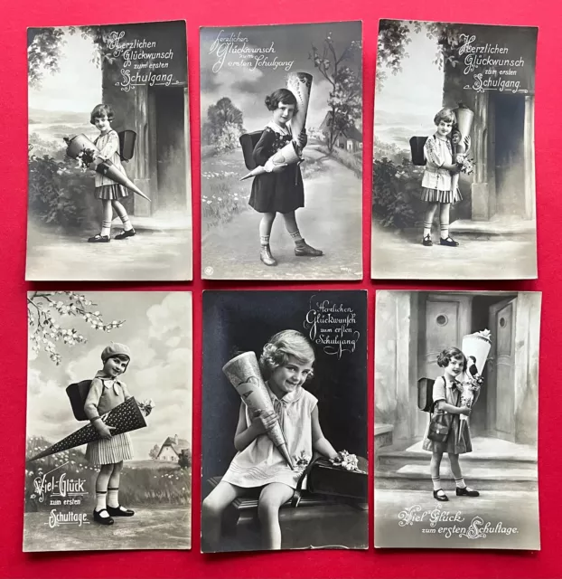 6 x Glückwunsch Foto AK SCHULANFANG 1936 Kinder mit Zuckertüte Ranzen ( 115588