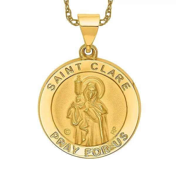 14K Yellow Gold Saint Clare Medal Necklace Charm Pendant