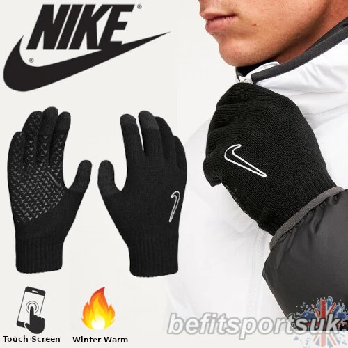 Nike Mens Winter Gloves Football Kids Knit Grip Magic Touch Screen Phone Black