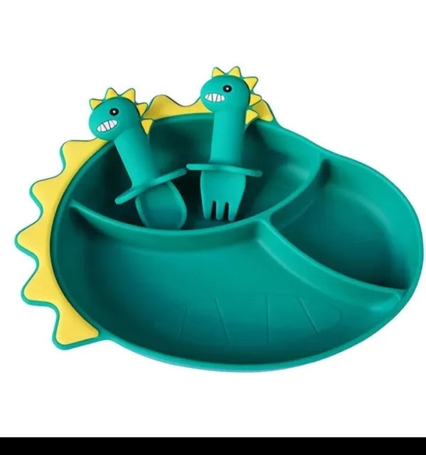Cute Dinosaur Cartoon Silicone Suction Plate Set Baby Feeding Bowl BPA Free Pink