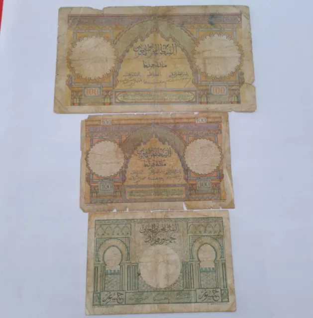 Morocco Old lot 3 Banknote French occupation 50 100 francs poor condition note