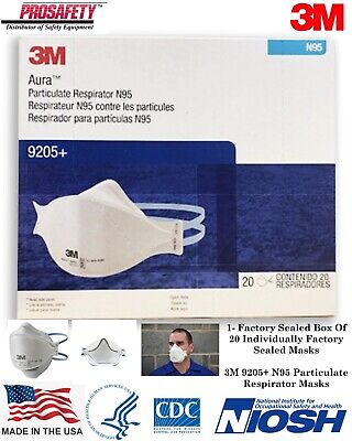3M N95 Aura 9205+ 20 MASKS NIOSH Approved N95 Particulate Respirator Face Masks