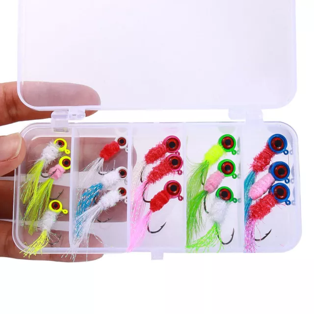 15PCS Box Jig Head Fishing Feather Hooks Lead Jigs Crappie Pike Bass Lures Bait