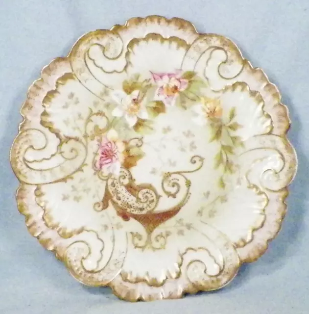 Limoges Cabinet Plate AK CD Hand Painted Pink Flowers Gold Lattice Klingenberg